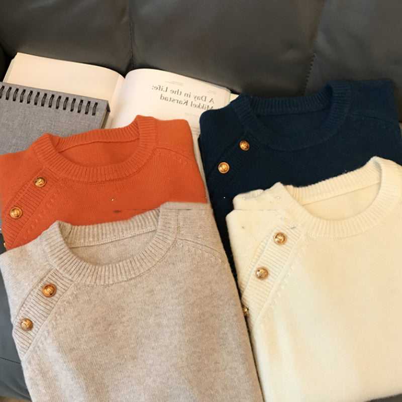 Unique Women Skew Shoulder Gold Button Sweater