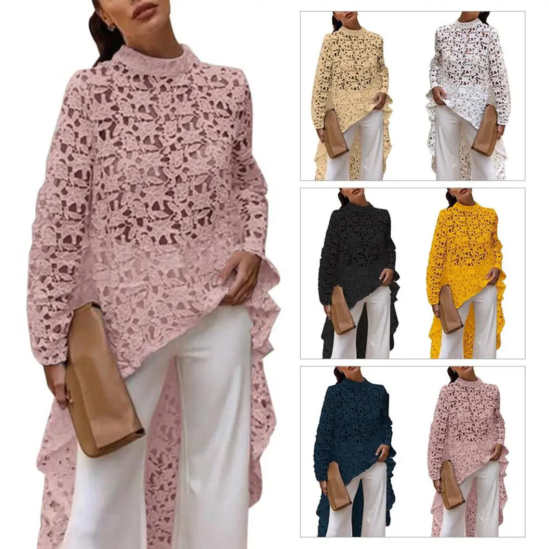 Asymmetrical Lace Blouse – Long Sleeve Guipure Top with Stand Collar