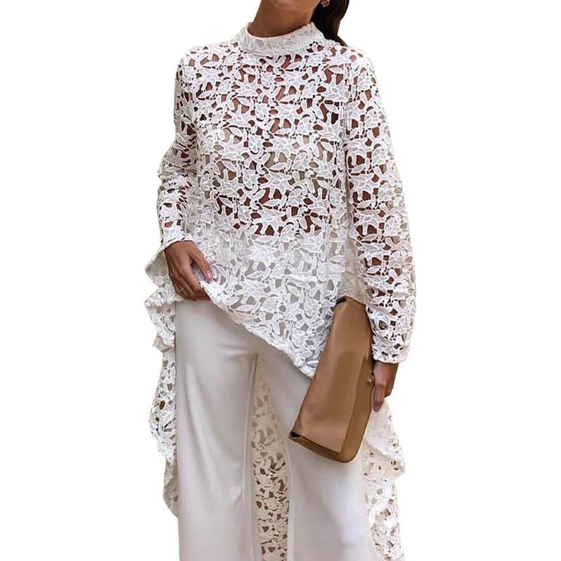 Asymmetrical Lace Blouse – Long Sleeve Guipure Top with Stand Collar