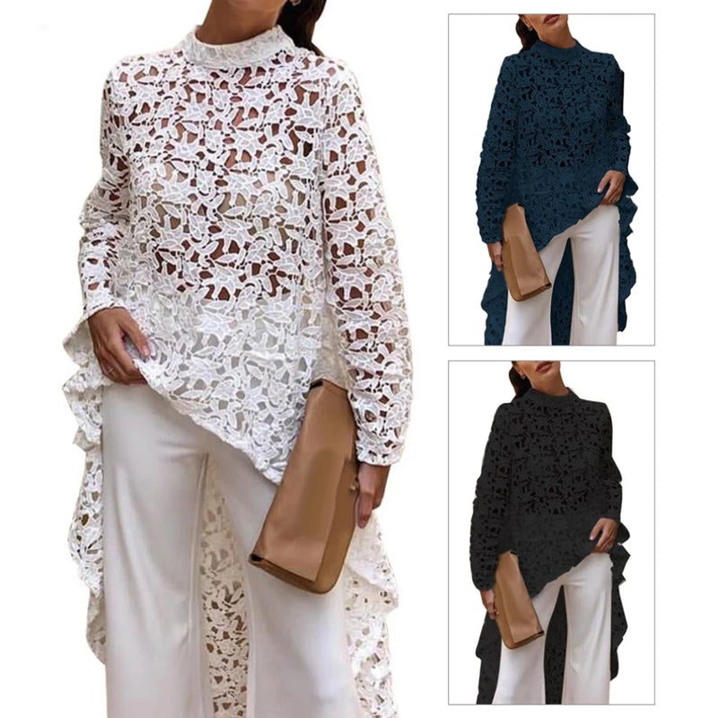 Asymmetrical Lace Blouse – Long Sleeve Guipure Top with Stand Collar