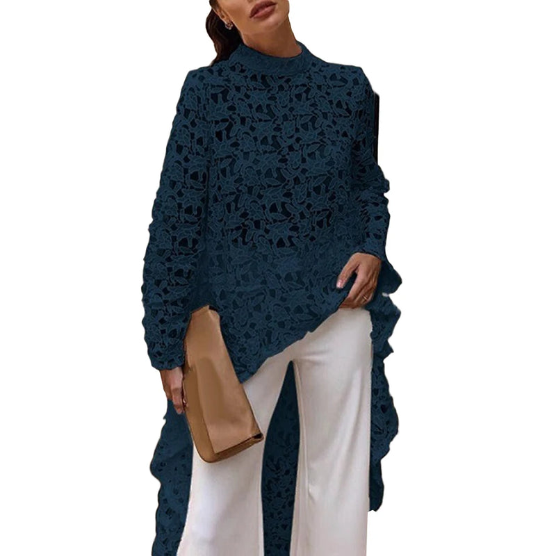 Asymmetrical Lace Blouse – Long Sleeve Guipure Top with Stand Collar