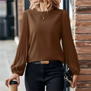 Pleated Round Neck Blouse – Elegant Long Sleeve Office Top
