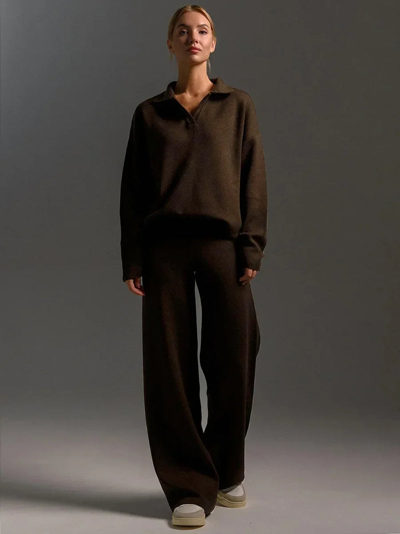 Cozy Knit Polo Sweater & Wide-Leg Set