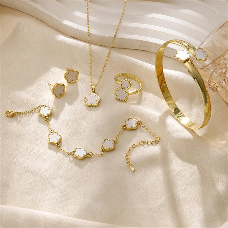 5-Piece Enamel Plum Blossom Jewelry Set – Necklace, Earrings & Bracelet