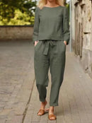 Cotton-Linen O-Neck & Pocket Pants Set