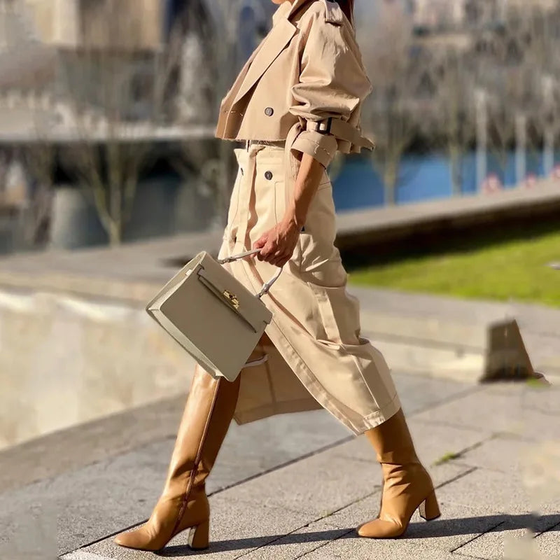 Belted Slit Skirt & Jacket Set