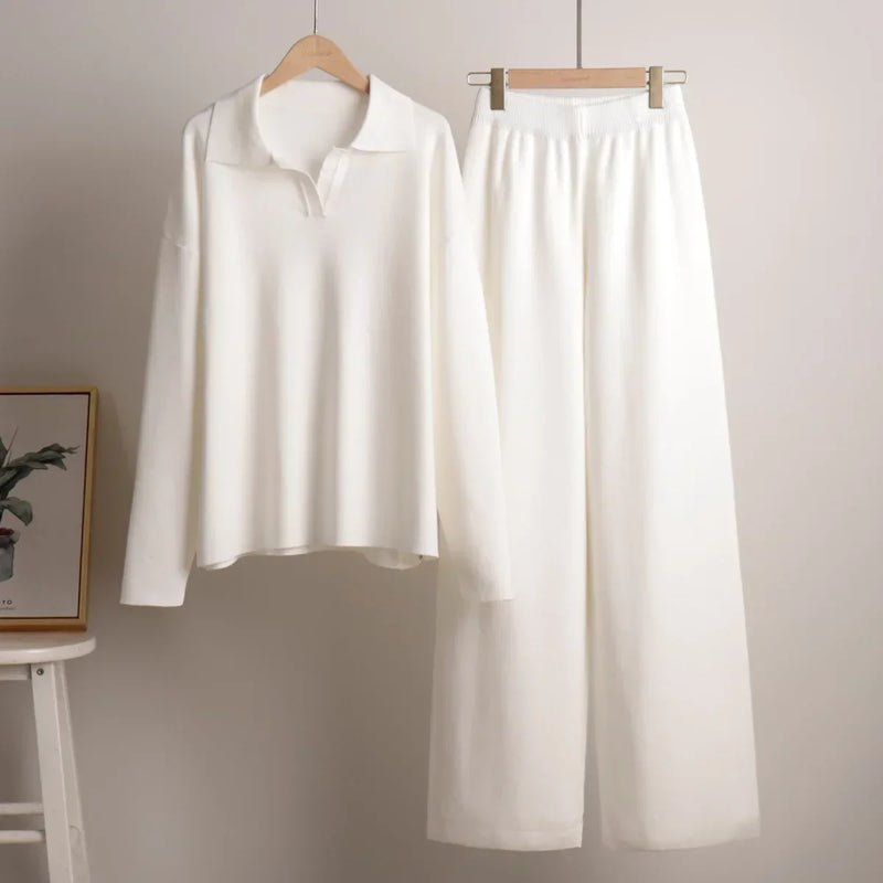 Cozy Knit Polo Sweater & Wide-Leg Set