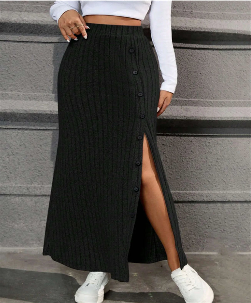 Ribbed Split Front Button Skirt – High Waist Casual