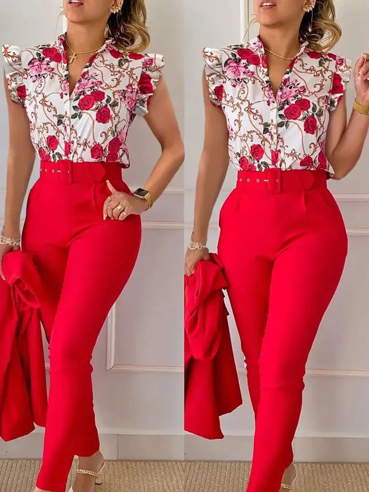 Ruffle Sleeve Blouse & Pant Set