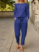Cotton-Linen O-Neck & Pocket Pants Set