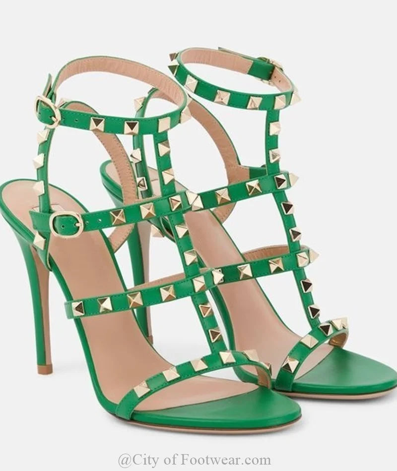 Rockstud Caged Leather Sandals – Colorful High Heel Stilettos