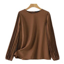 Pleated Round Neck Blouse – Elegant Long Sleeve Office Top