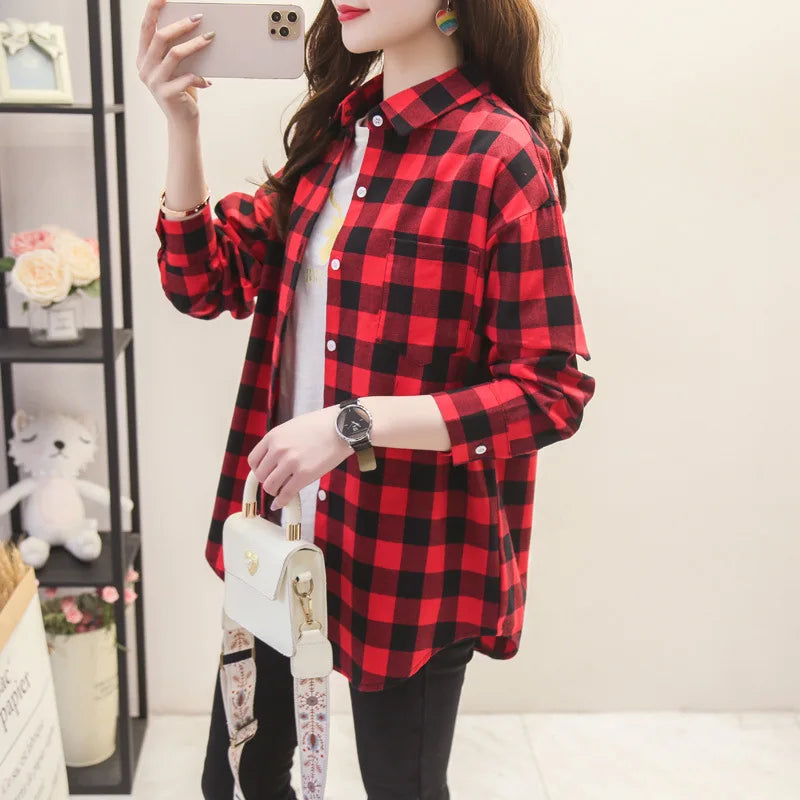Casual Loose Fit Plaid Flannel Shirt – College Style