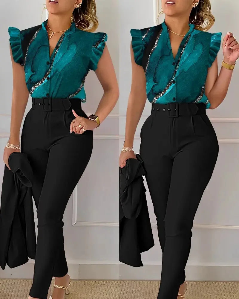 Ruffle Sleeve Blouse & Pant Set