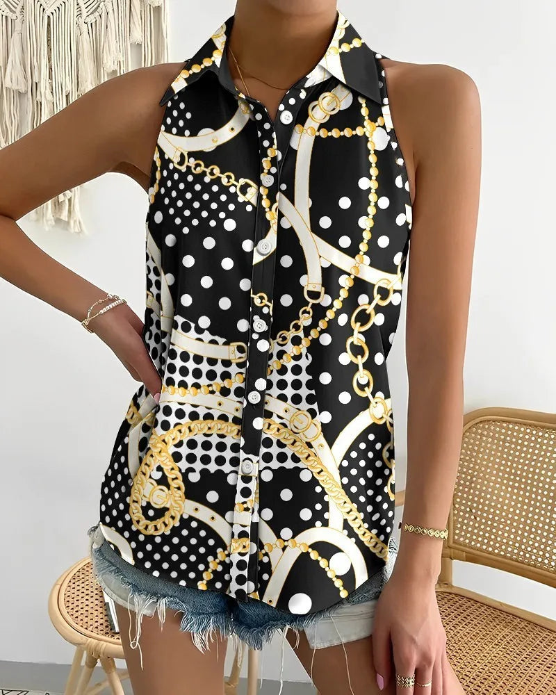 One-Shoulder Sleeveless Abstract Print Shirt – Summer Casual Women’s Top