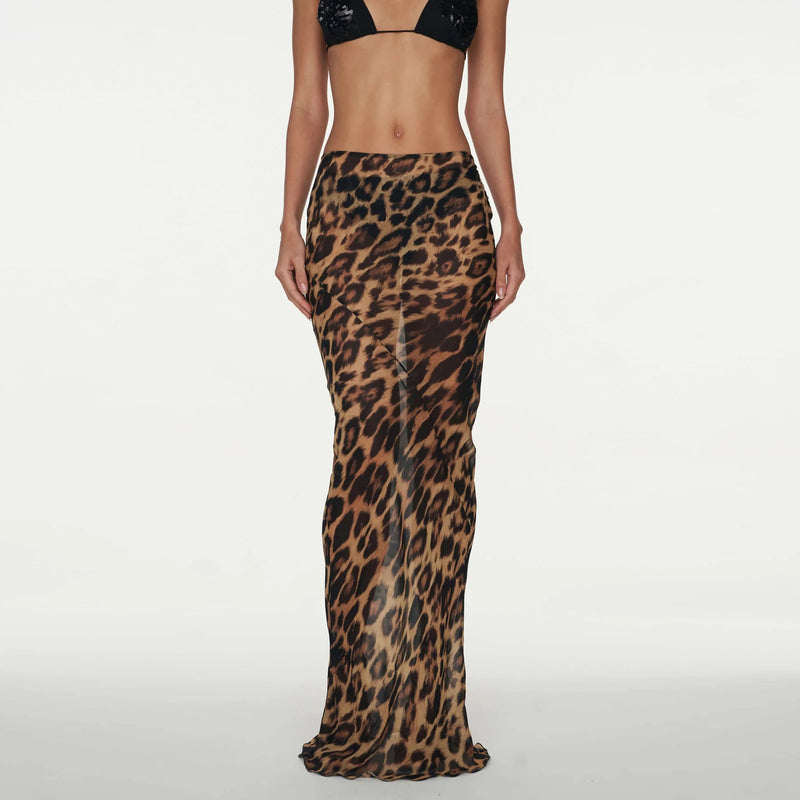 Sheer Leopard Print Slim Fit Maxi Skirt