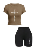 Graphic Line Print Crop Top & Shorts Set