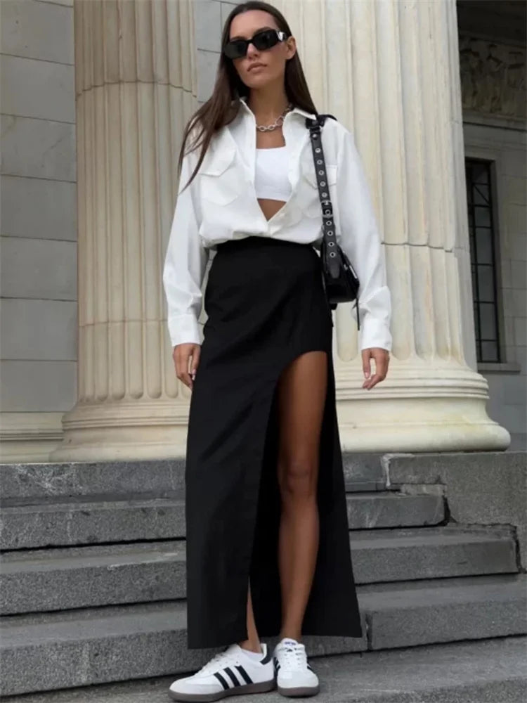Y2K Side Split Patchwork Maxi Skirt