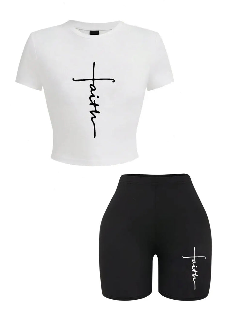 Graphic Line Print Crop Top & Shorts Set