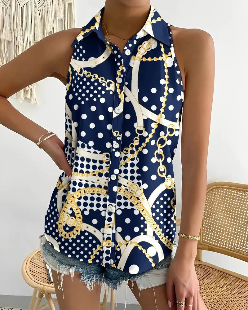 One-Shoulder Sleeveless Abstract Print Shirt – Summer Casual Women’s Top