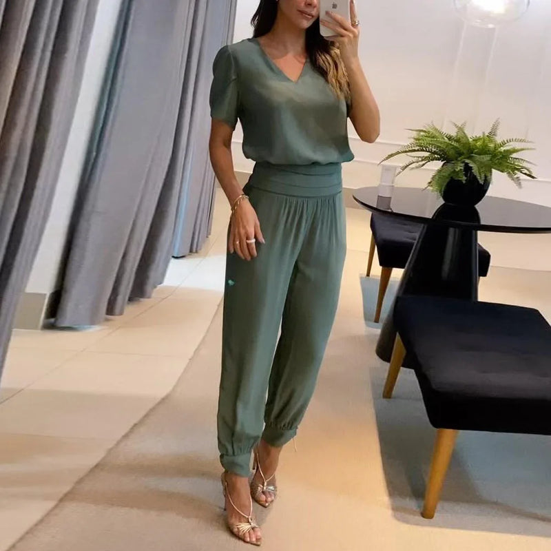 Floral Print V-Neck Tee & Pants Set