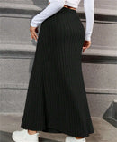 Ribbed Split Front Button Skirt – High Waist Casual