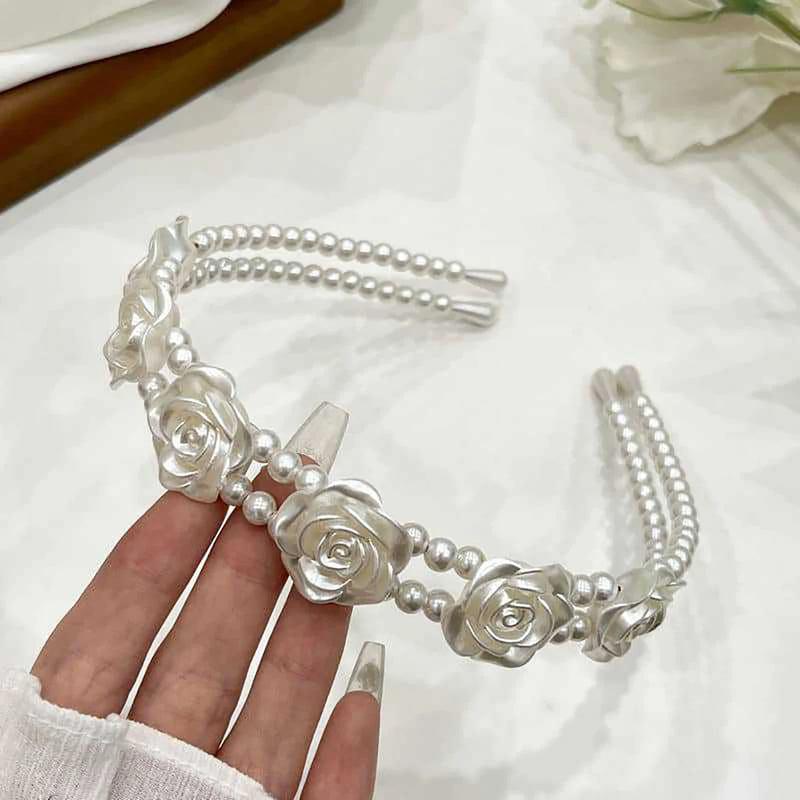 Elegant Simulated Pearl Rose Headband – Retro Handmade Hair Accessory