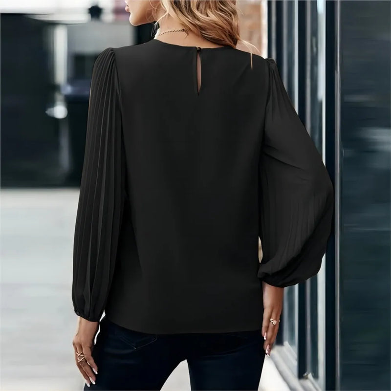 Pleated Round Neck Blouse – Elegant Long Sleeve Office Top