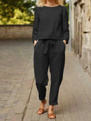 Cotton-Linen O-Neck & Pocket Pants Set