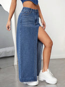 Slant Pocket Whiskered Split Denim Midi Skirt