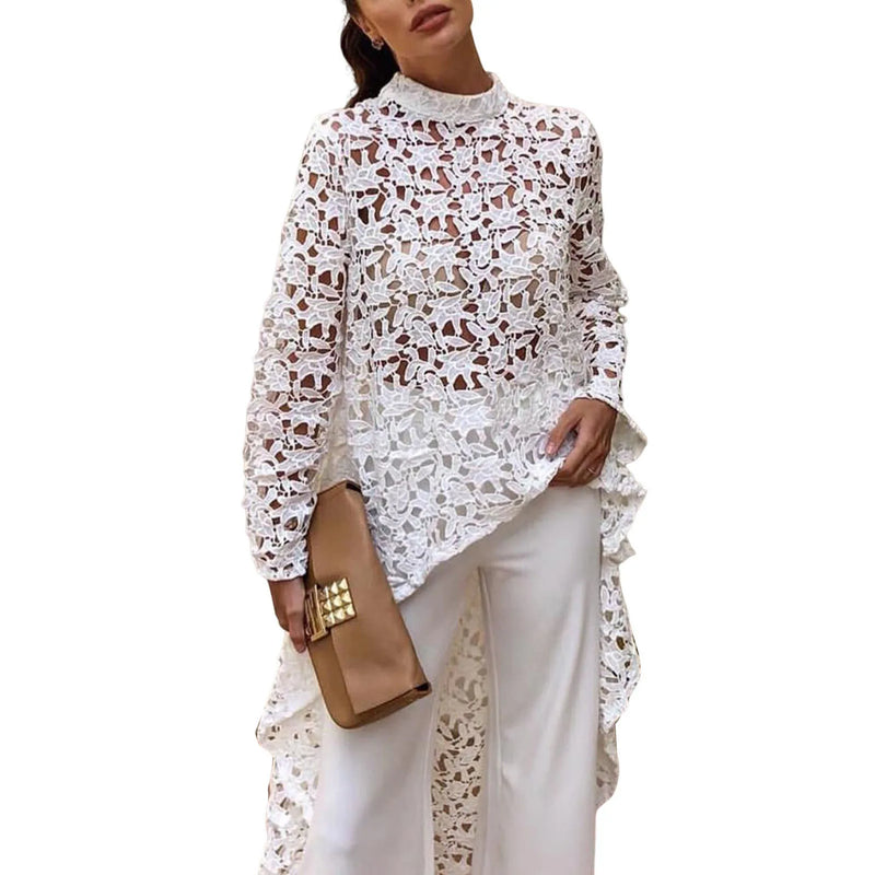Asymmetrical Lace Blouse – Long Sleeve Guipure Top with Stand Collar