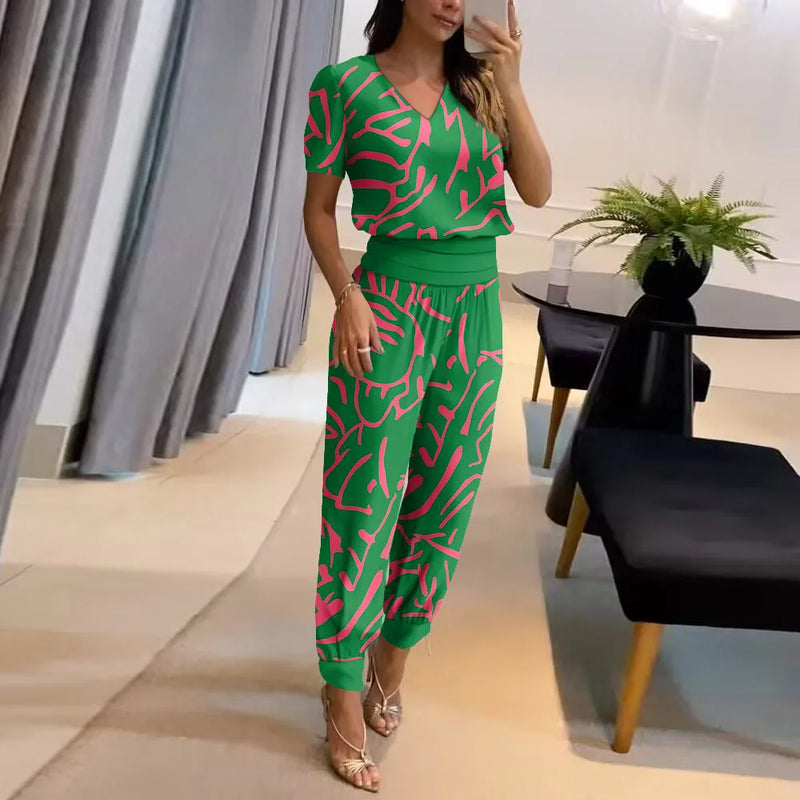 Floral Print V-Neck Tee & Pants Set