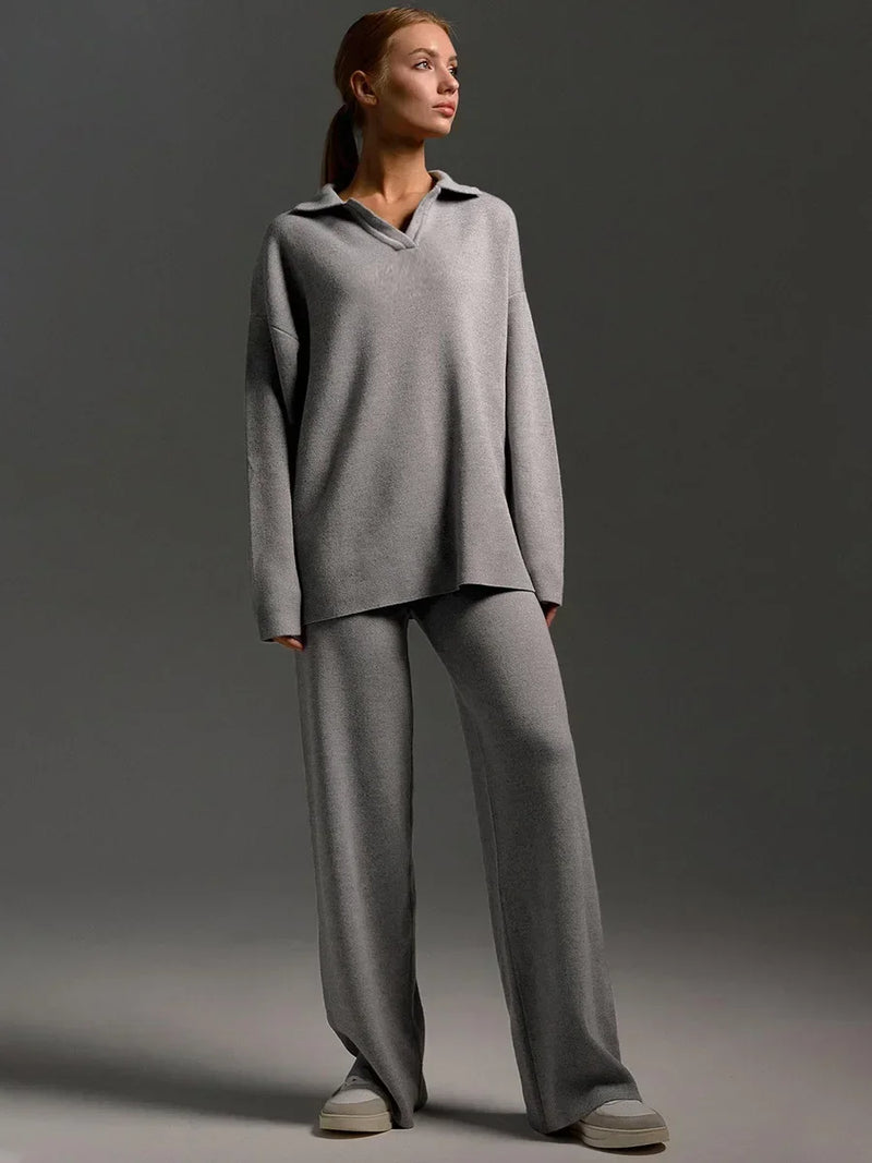 Cozy Knit Polo Sweater & Wide-Leg Set