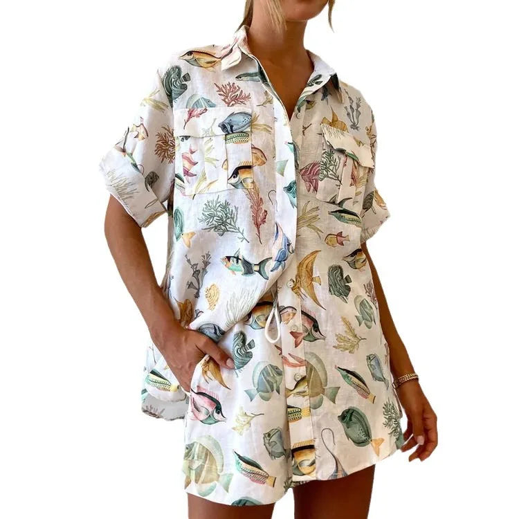 Fish Print Shirt & Shorts Holiday Set