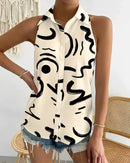 One-Shoulder Sleeveless Abstract Print Shirt – Summer Casual Women’s Top