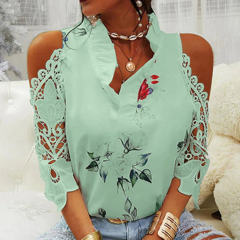 Elegant V-Neck Hollow-Out Lace Blouse – Sexy Short Sleeve Summer Top