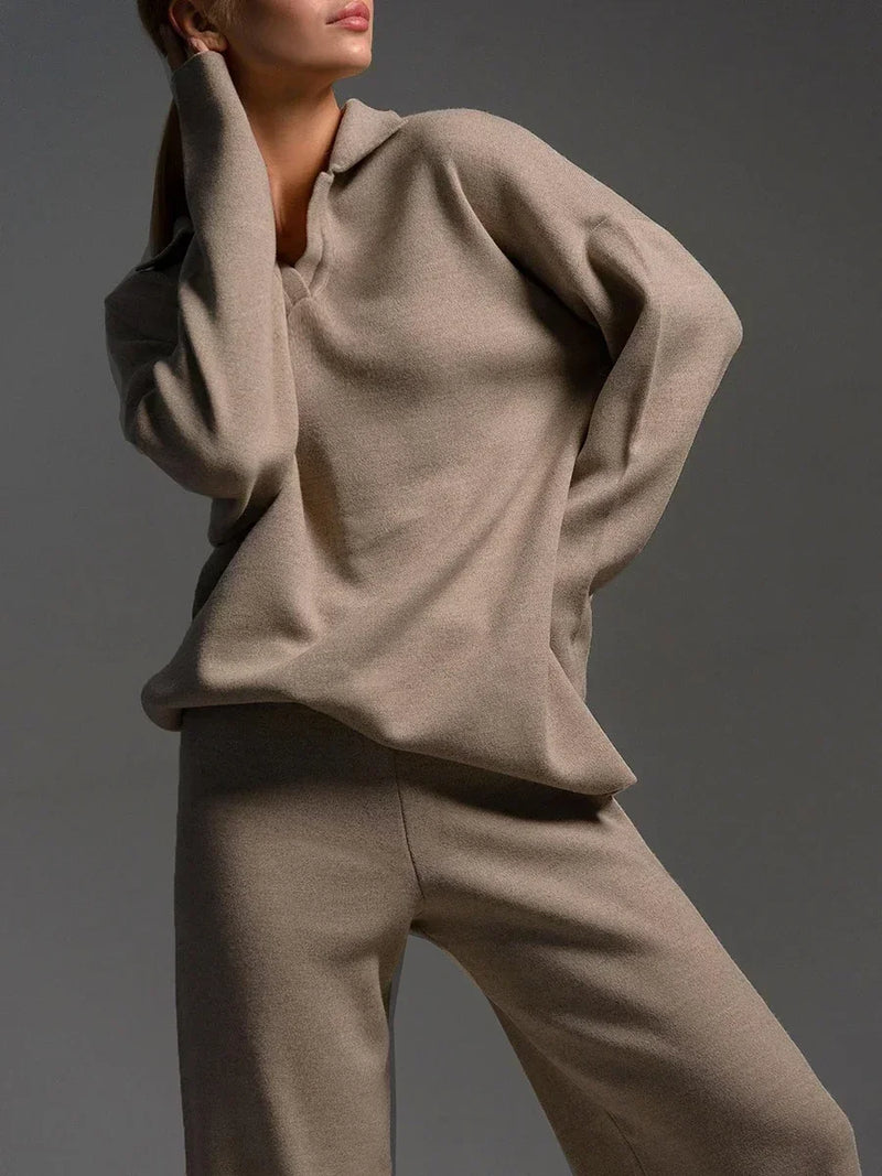 Cozy Knit Polo Sweater & Wide-Leg Set