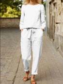 Cotton-Linen O-Neck & Pocket Pants Set