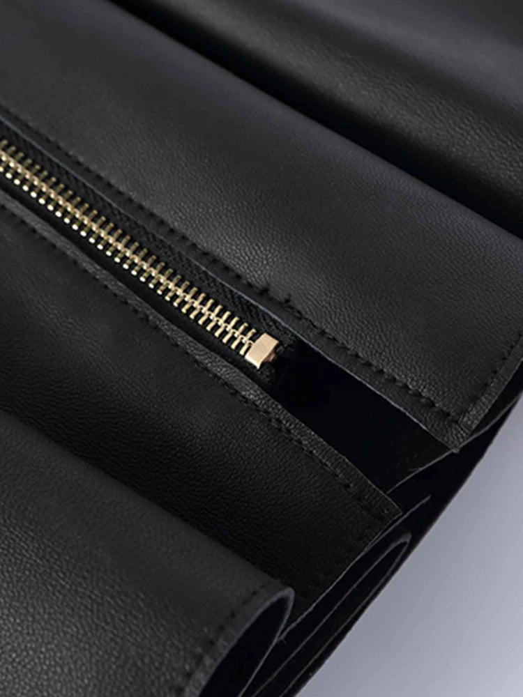 Faux Leather Swing Mini Skirt with Zipper – Black