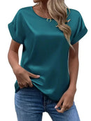 Satin O-Neck Blouse – Casual Short Sleeve Summer Top for Women