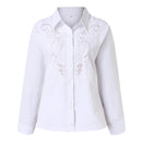 Slim Fit Lace Button-Up Blouse – White Hollow-Out Office Top for Women