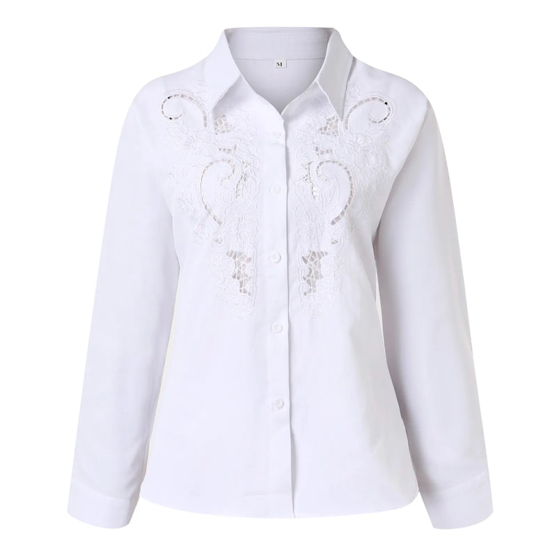 Slim Fit Lace Button-Up Blouse – White Hollow-Out Office Top for Women