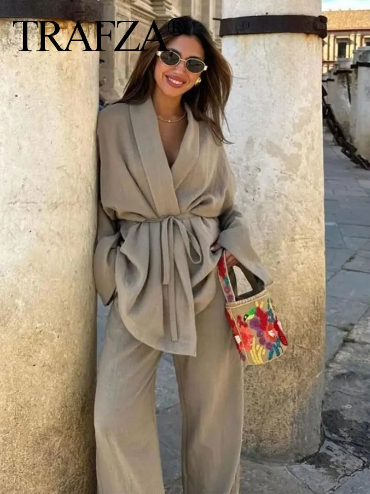 Linen Lace-Up Shirt & Pants Set