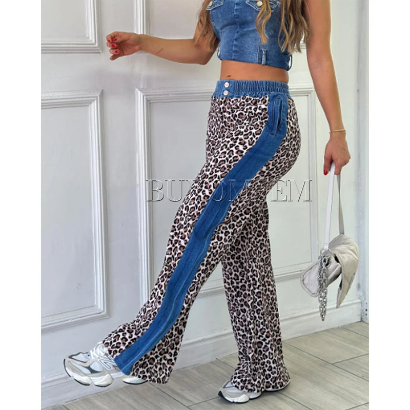 High Waist Leopard Print Baggy Jeans