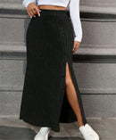Ribbed Split Front Button Skirt – High Waist Casual