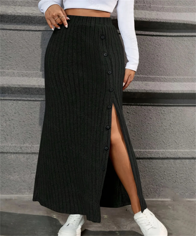 Ribbed Split Front Button Skirt – High Waist Casual