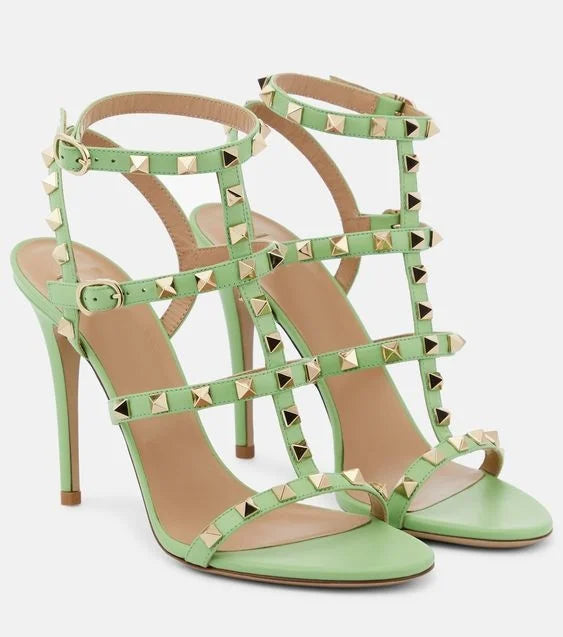 Rockstud Caged Leather Sandals – Colorful High Heel Stilettos