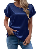 Satin O-Neck Blouse – Casual Short Sleeve Summer Top for Women