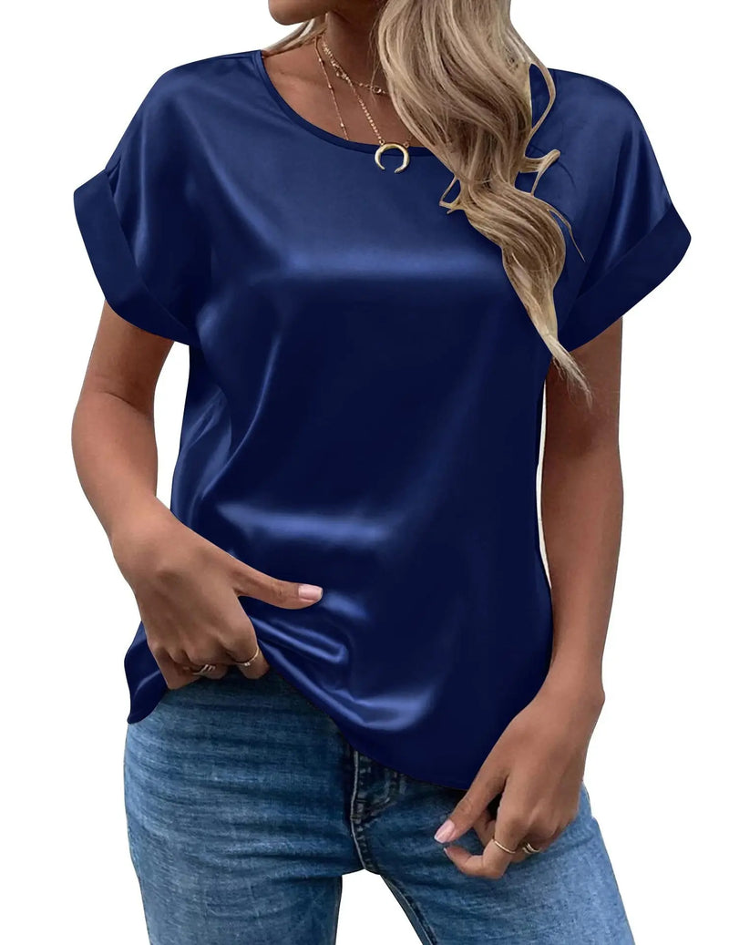 Satin O-Neck Blouse – Casual Short Sleeve Summer Top for Women