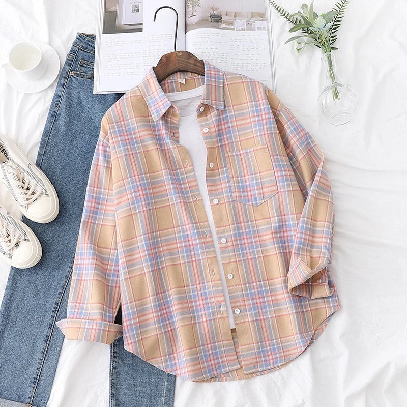 Casual Loose Fit Plaid Flannel Shirt – College Style